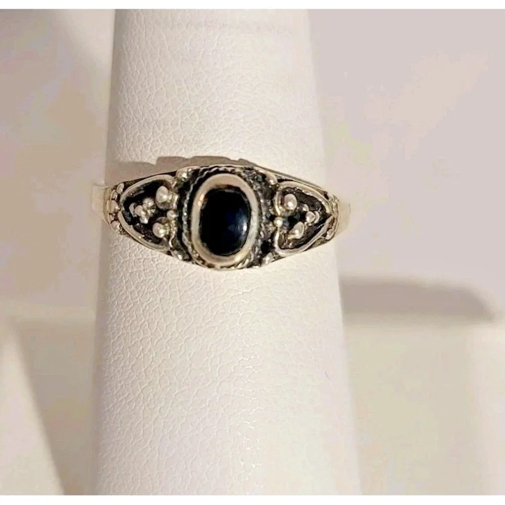 Sterling Silver 925 Onyx Ring Size 7 Black Stone Marquise Band Boho Jewelry‎